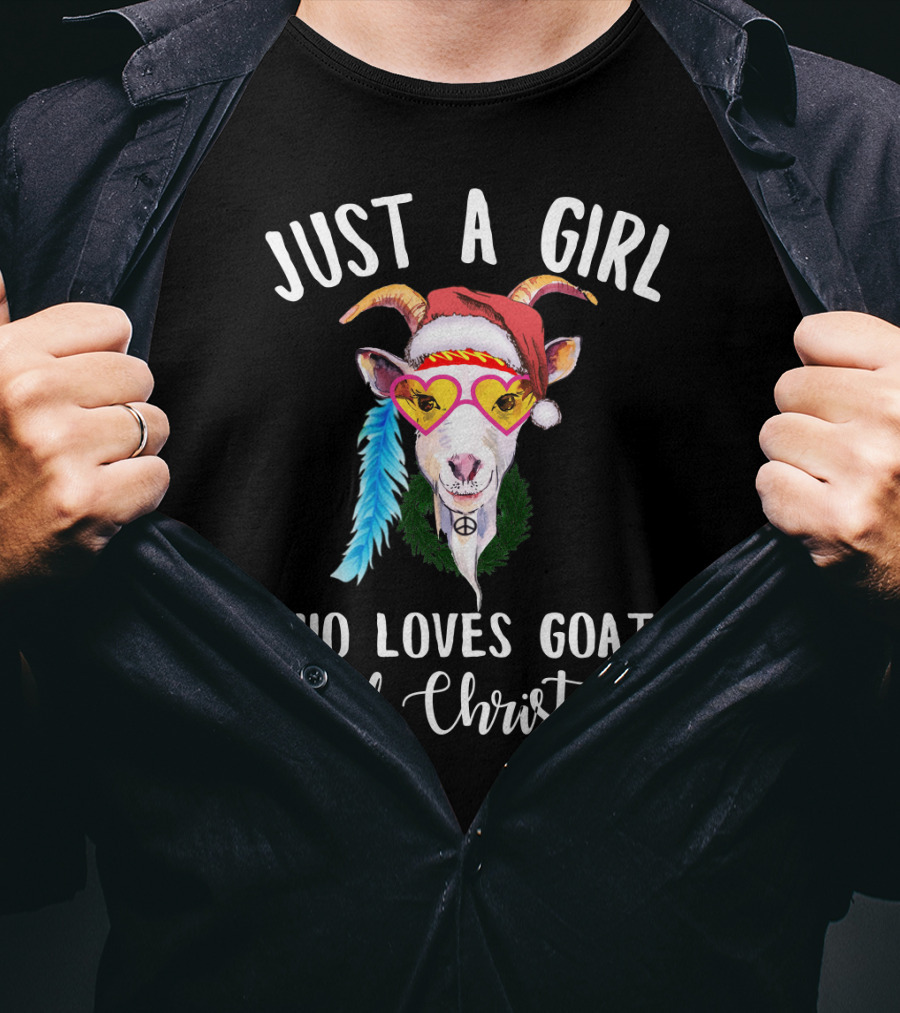 Just A Girl Who Loves Goats And Christmas With Santa Hat Peace Sign Glasses T-Shirt