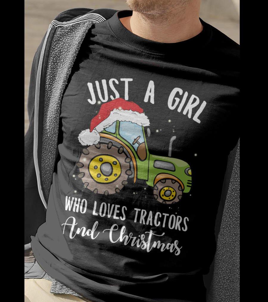 Just A Girl Who Loves Tractors And Christmas With Santa Hat T-Shirt