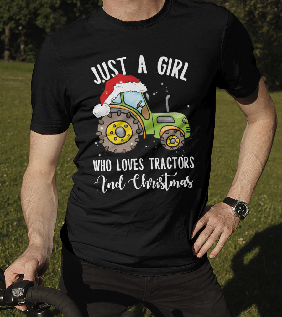 Just A Girl Who Loves Tractors And Christmas With Santa Hat T-Shirt