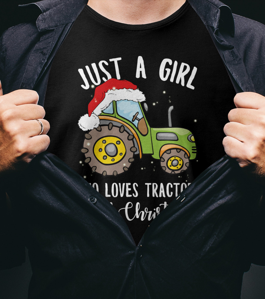 Just A Girl Who Loves Tractors And Christmas With Santa Hat T-Shirt