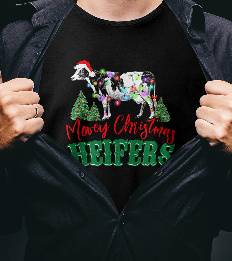 Mooey Christmas Heifers Festive Holiday Cow With Santa Hat And Christmas Trees T-Shirt