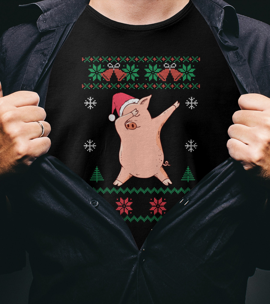 Pigs Dabbing Santa Hat Ugly Christmas Sweater Snowflake Festive T-Shirt