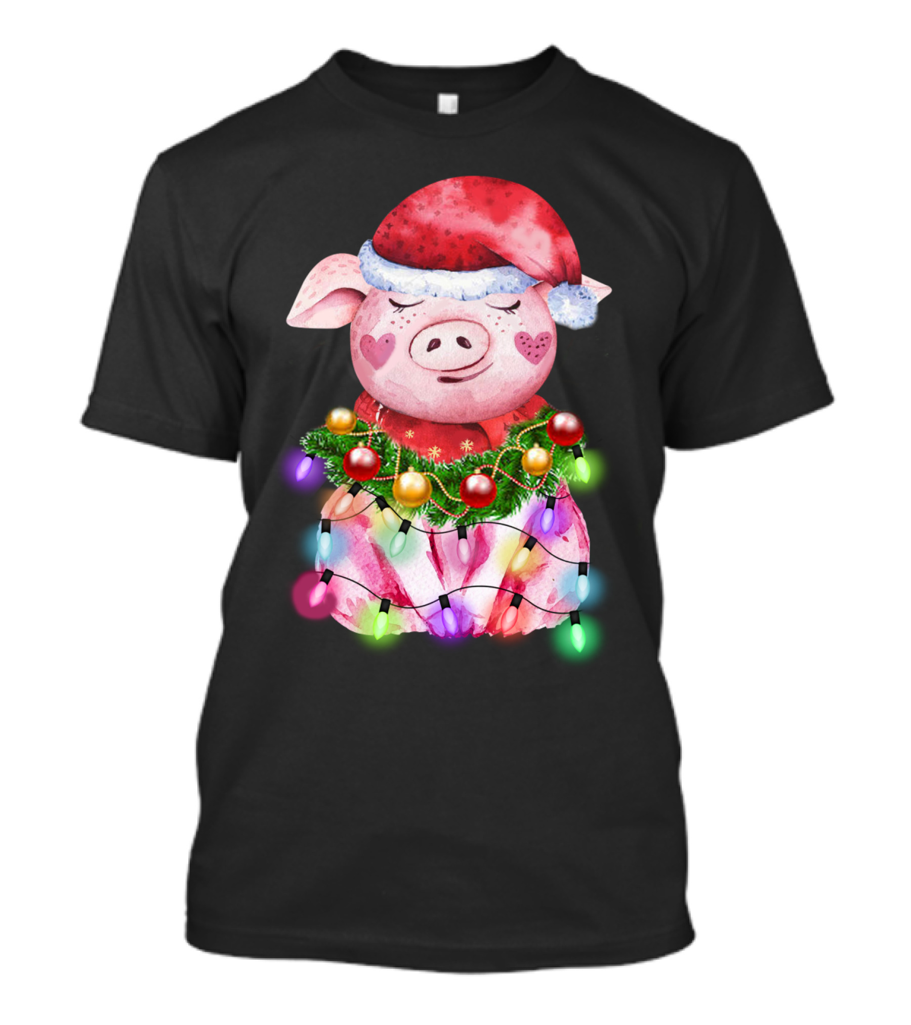 Santa Hat Heart Cheek Pink Pig Wrapped In Christmas Lights T-Shirt