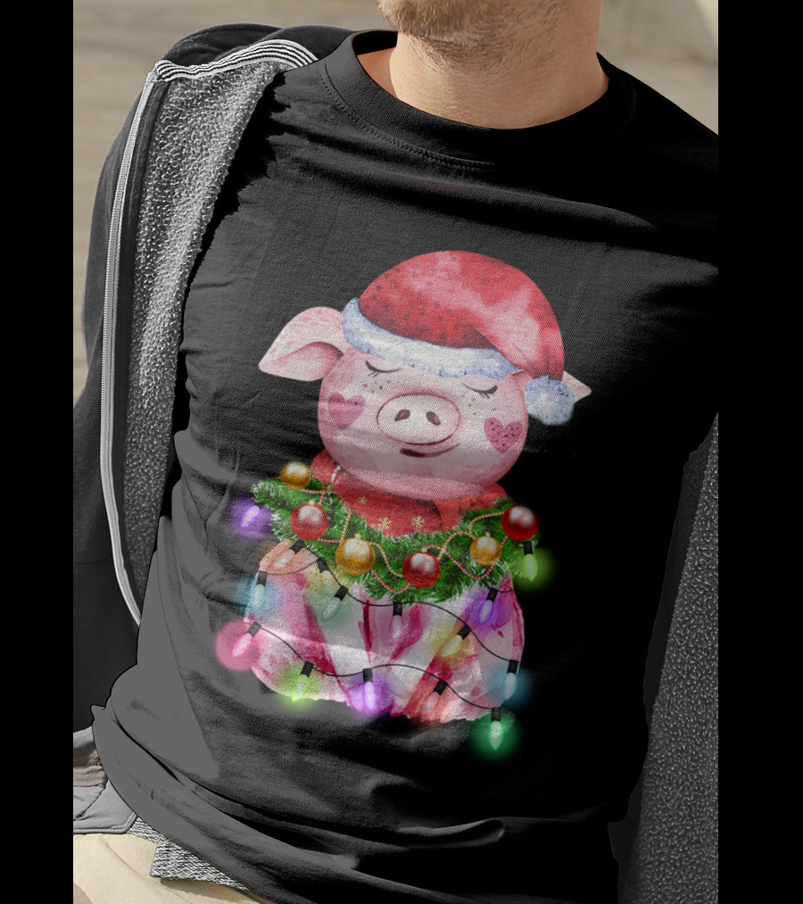 Santa Hat Heart Cheek Pink Pig Wrapped In Christmas Lights T-Shirt