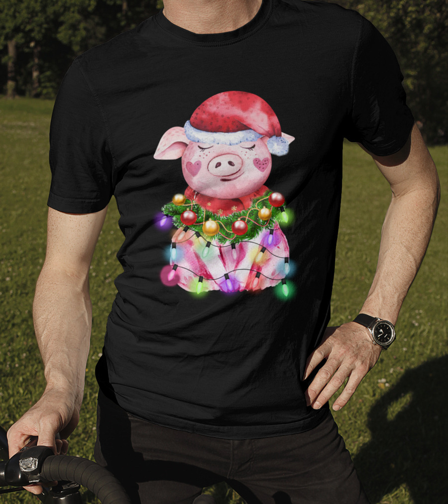 Santa Hat Heart Cheek Pink Pig Wrapped In Christmas Lights T-Shirt