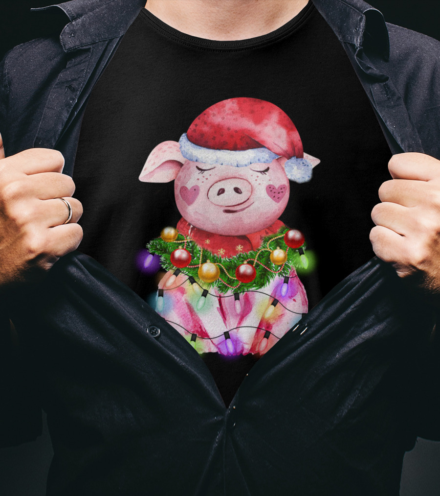 Santa Hat Heart Cheek Pink Pig Wrapped In Christmas Lights T-Shirt