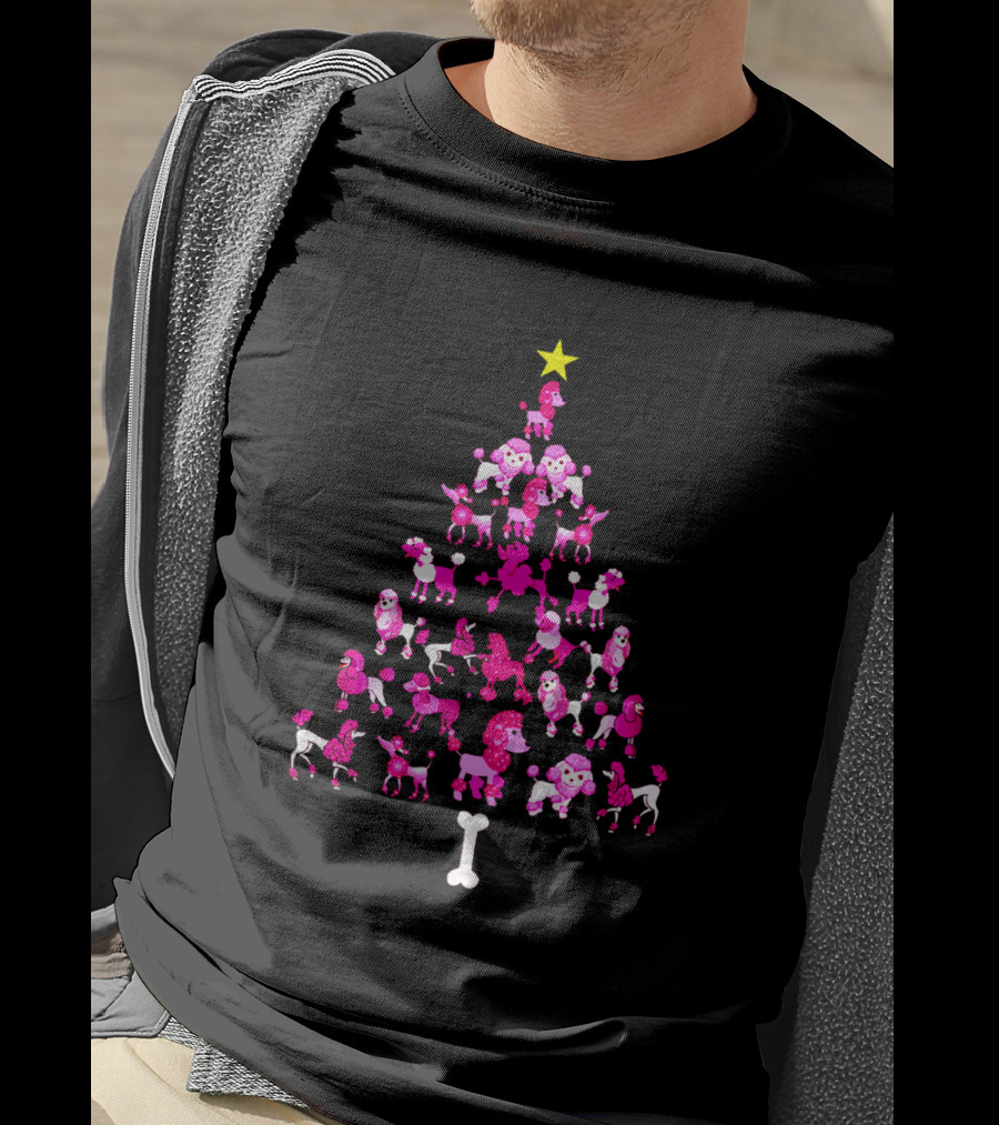 Poodles Dogs Forming Christmas Tree With Star And Bone Base T-Shirt