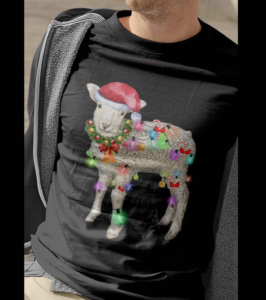 Christmas Sheep With Santa Hat And Holiday Lights T-Shirt