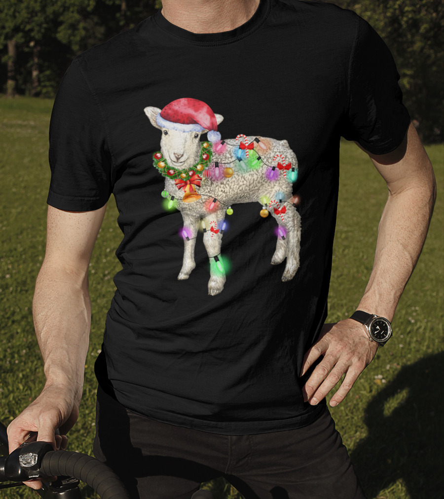 Christmas Sheep With Santa Hat And Holiday Lights T-Shirt