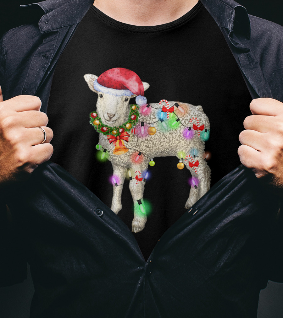 Christmas Sheep With Santa Hat And Holiday Lights T-Shirt