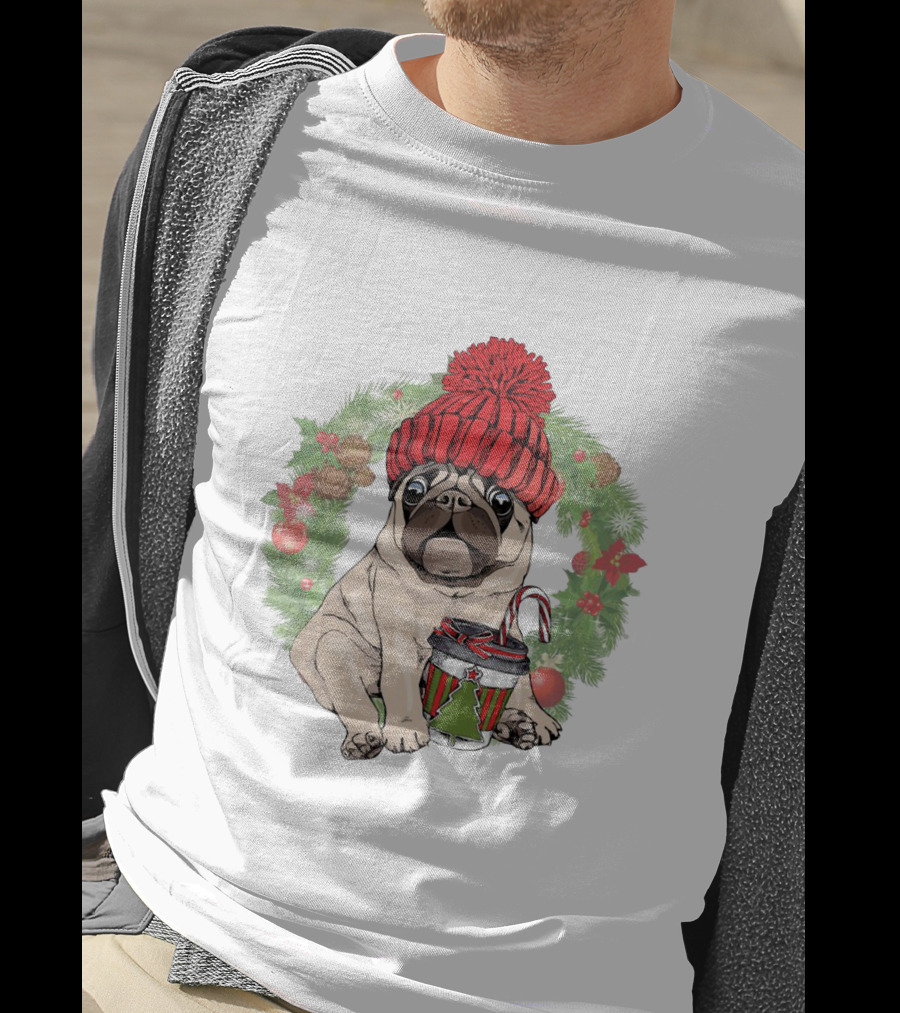 Festive Pug In Red Hat Holding Christmas Cup Surrounded By Holiday Wreath T-Shirt