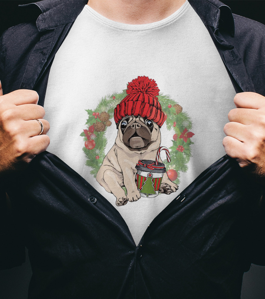 Festive Pug In Red Hat Holding Christmas Cup Surrounded By Holiday Wreath T-Shirt