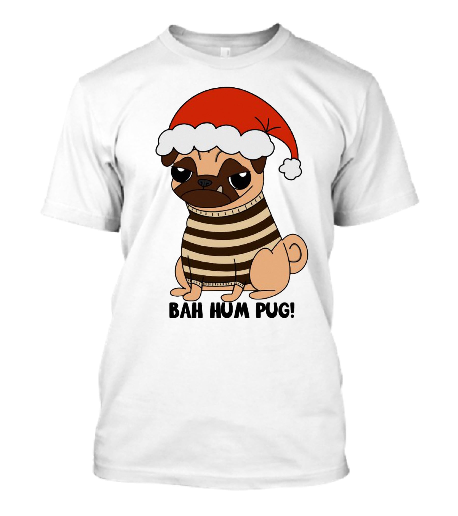 Bah Hum Pug Christmas Santa Hat Grumpy Holiday Pug Stripe T-Shirt