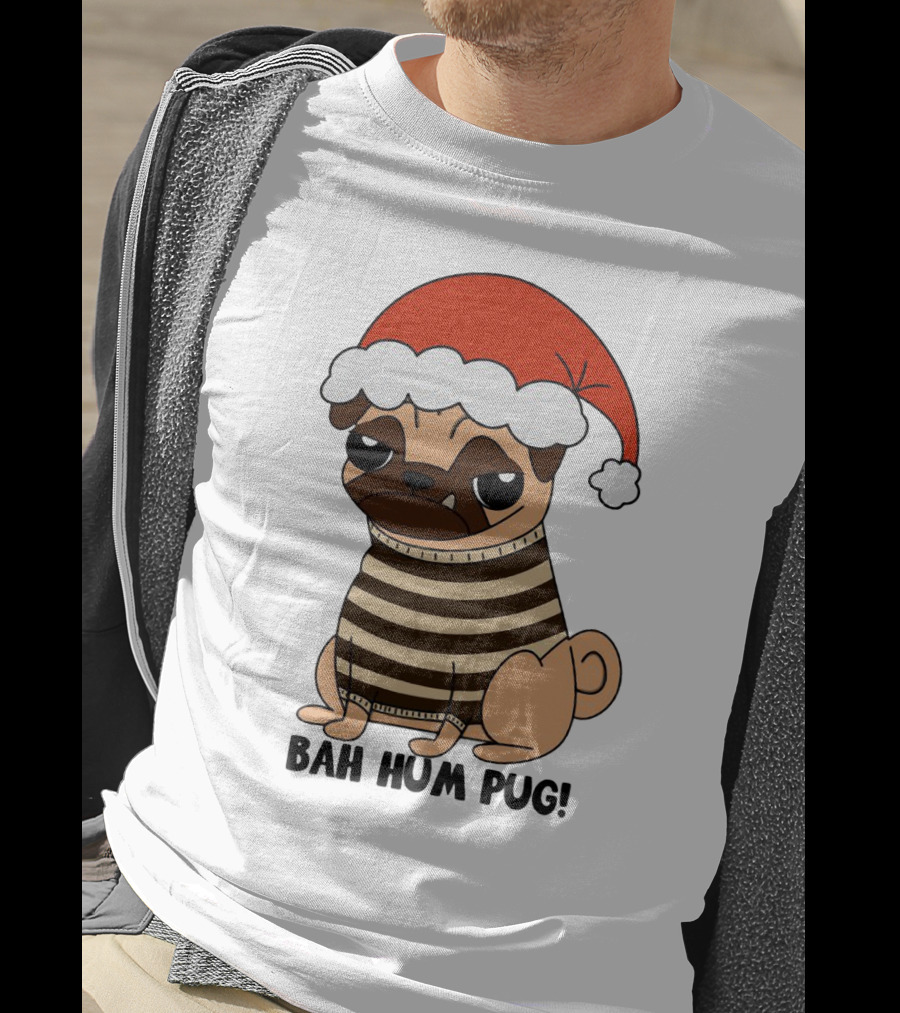 Bah Hum Pug Christmas Santa Hat Grumpy Holiday Pug Stripe T-Shirt