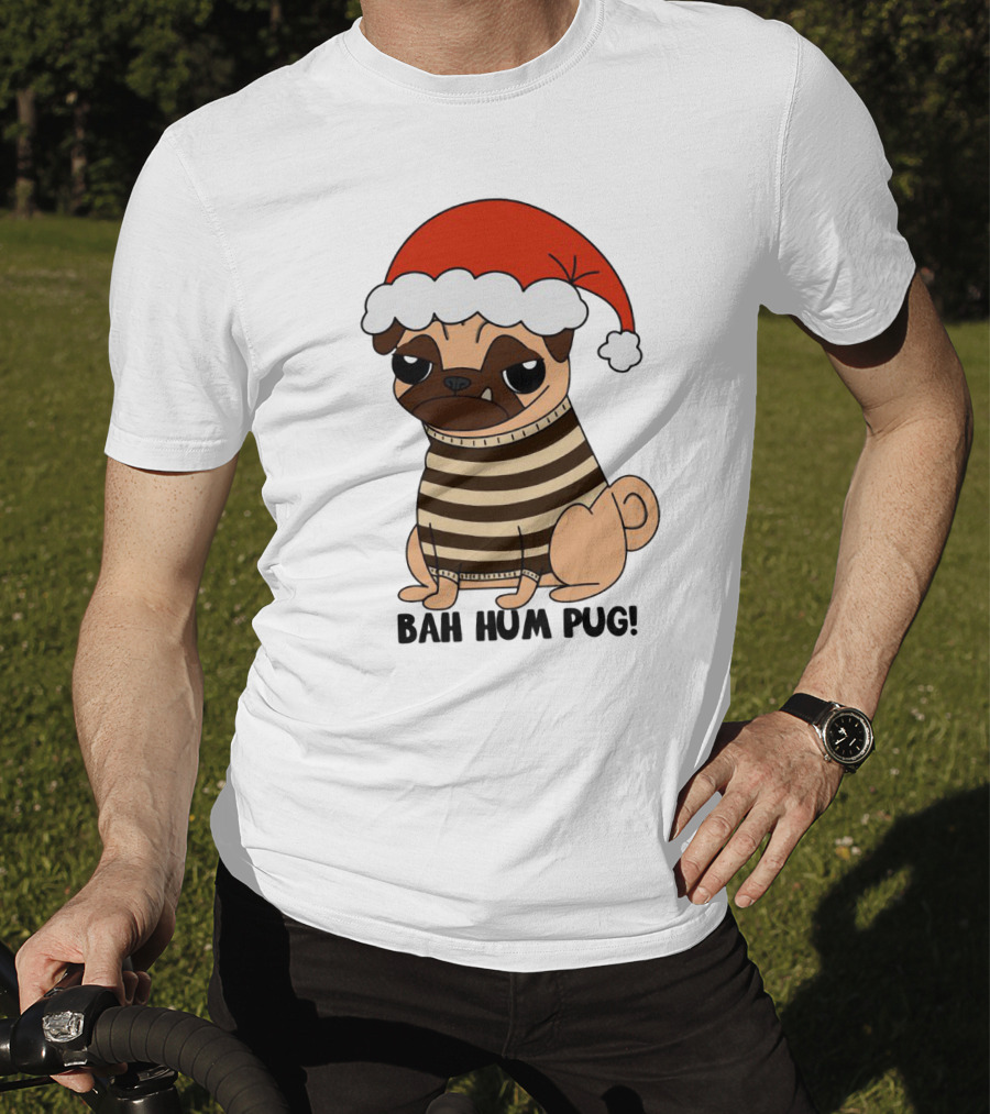Bah Hum Pug Christmas Santa Hat Grumpy Holiday Pug Stripe T-Shirt