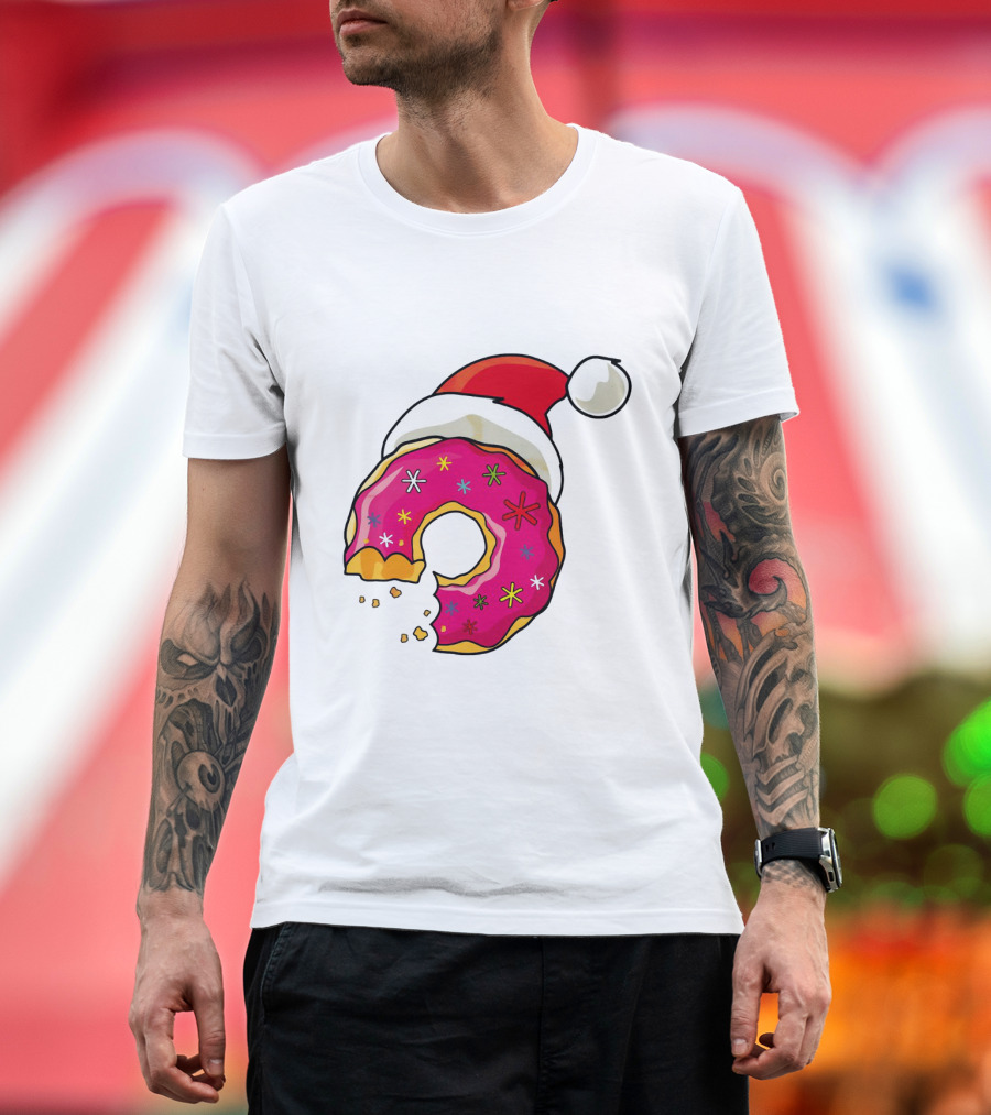 Santa Hat Candy Xmas Donut with Pink Frosting and Stars T-Shirt
