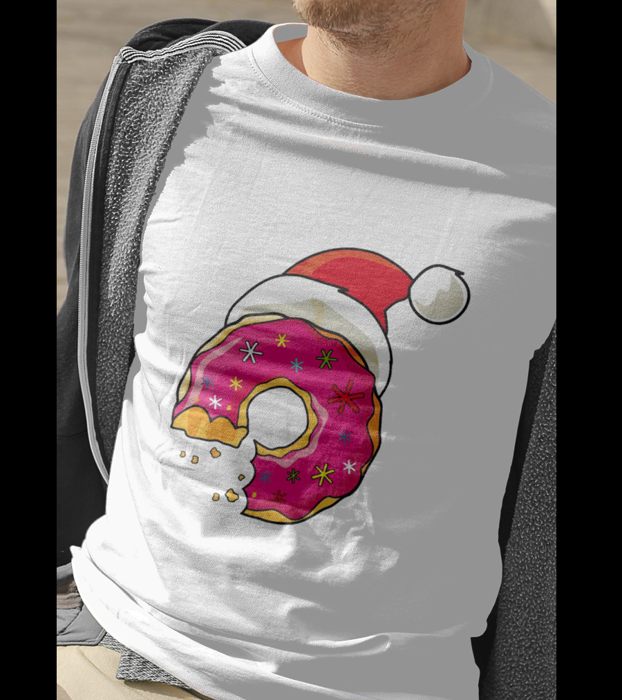 Santa Hat Candy Xmas Donut With Pink Frosting And Stars T-Shirt