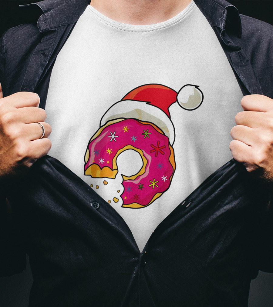 Santa Hat Candy Xmas Donut With Pink Frosting And Stars T-Shirt