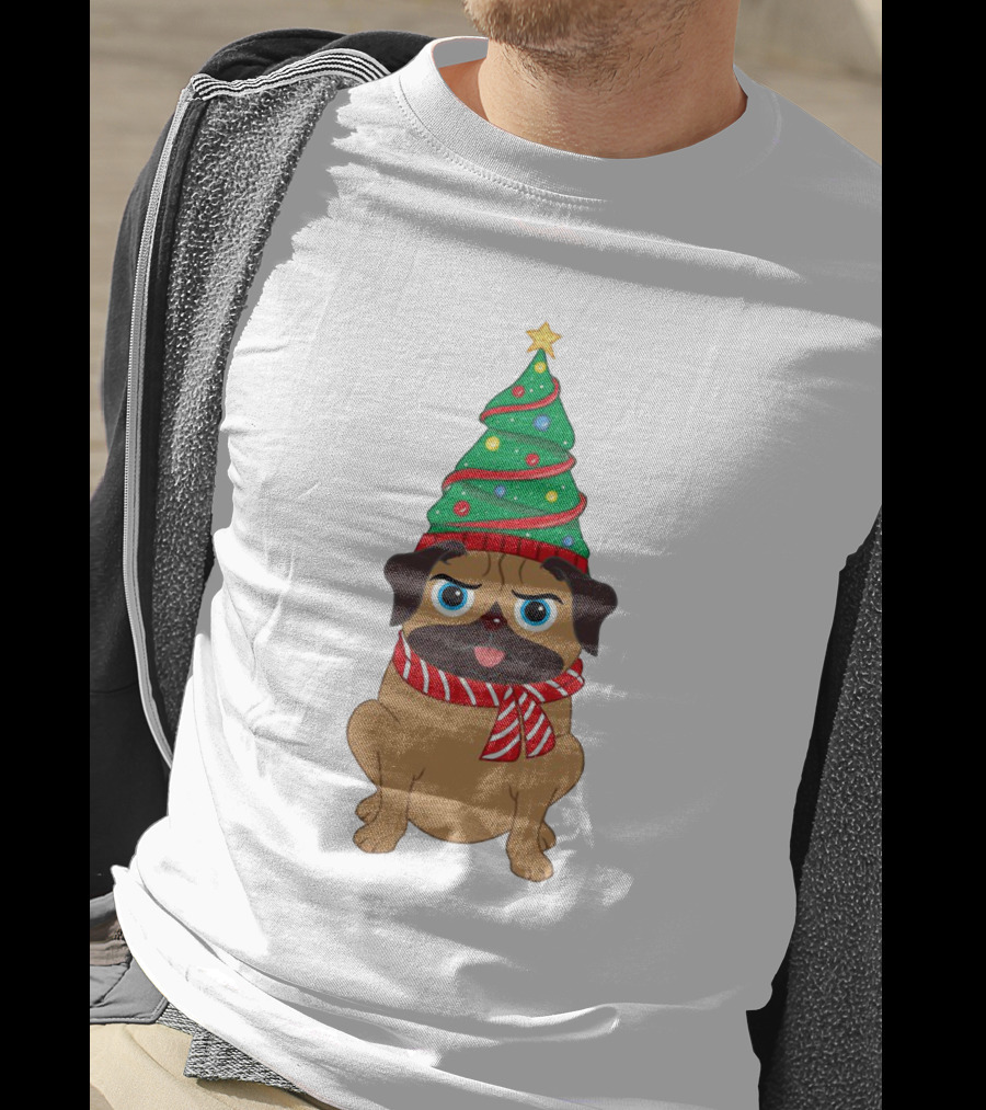Snuggly Pug With Christmas Tree Hat And Festive Scarf Holiday T-Shirt