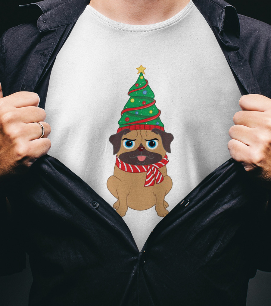 Snuggly Pug With Christmas Tree Hat And Festive Scarf Holiday T-Shirt
