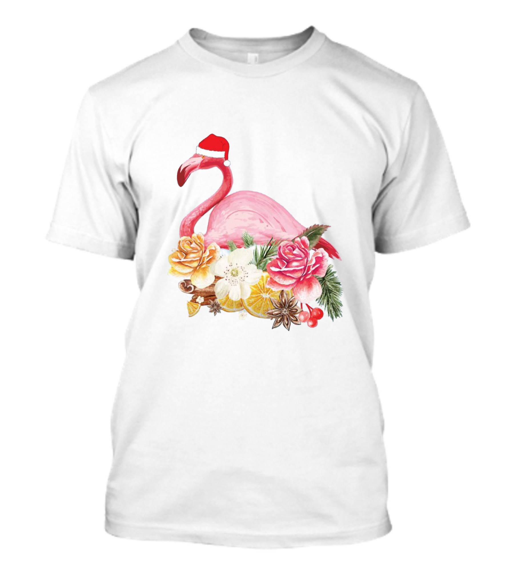 Festive Flamingo With Santa Hat And Holiday Floral Arrangement T-Shirt