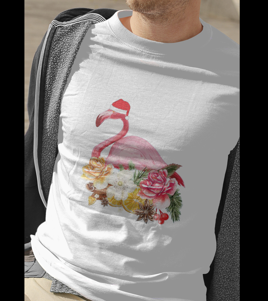 Festive Flamingo With Santa Hat And Holiday Floral Arrangement T-Shirt