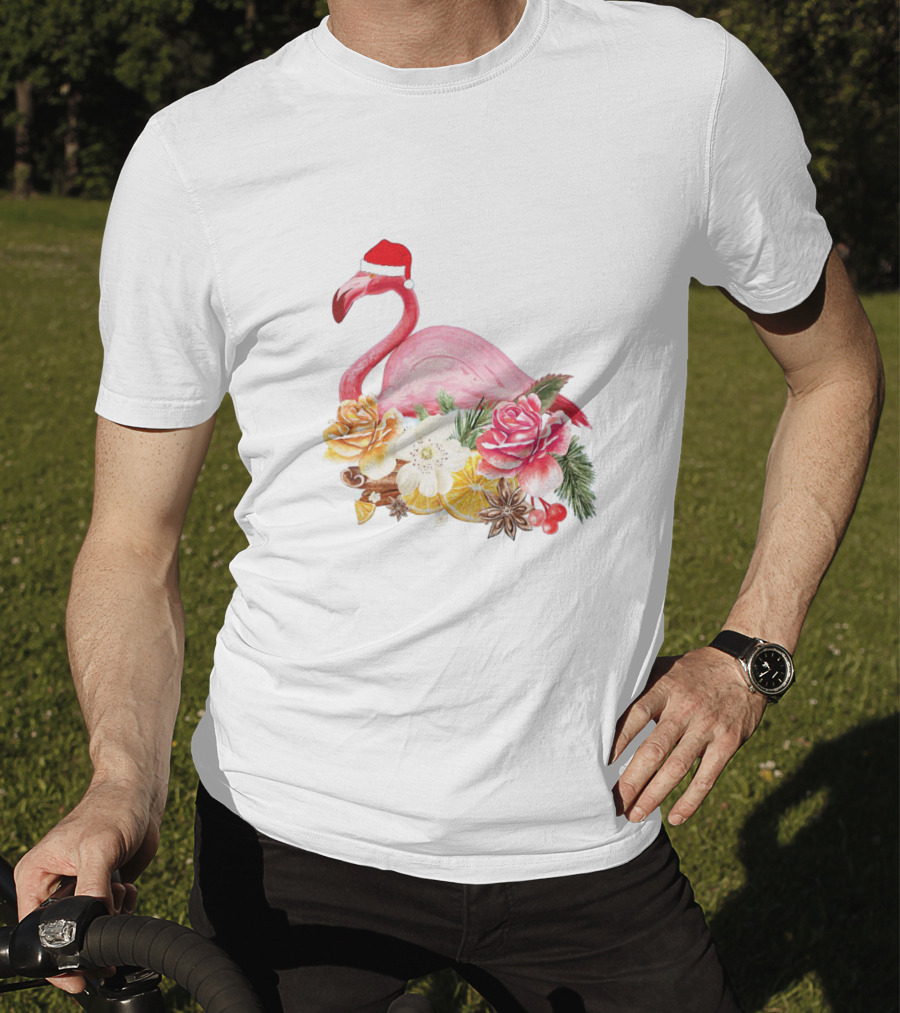 Festive Flamingo With Santa Hat And Holiday Floral Arrangement T-Shirt