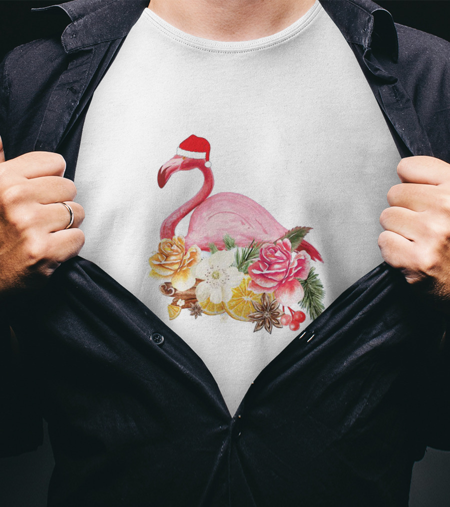 Festive Flamingo With Santa Hat And Holiday Floral Arrangement T-Shirt