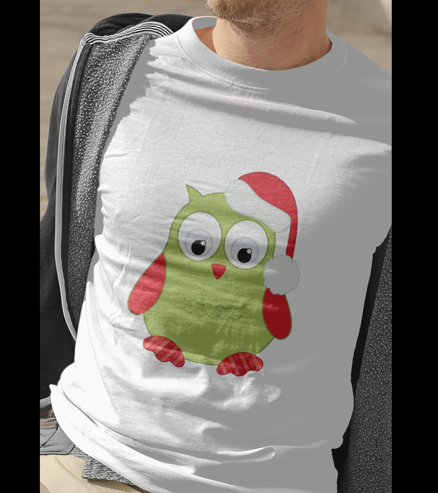 Cute Santa Owl Christmas Green And Red Cartoon Owl Santa Hat T-Shirt