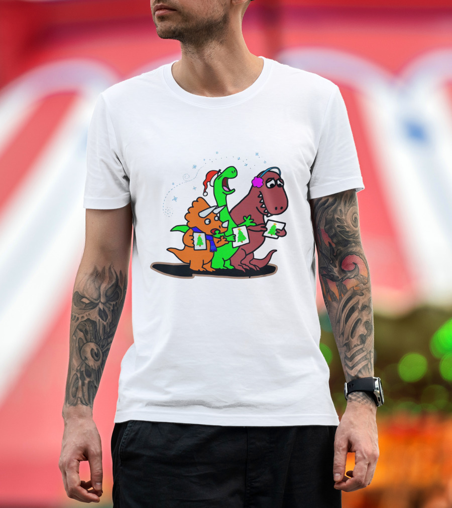 Dinosaur Trio Singing Christmas Carols with Festive Hats and Tree Cards T-Shirt