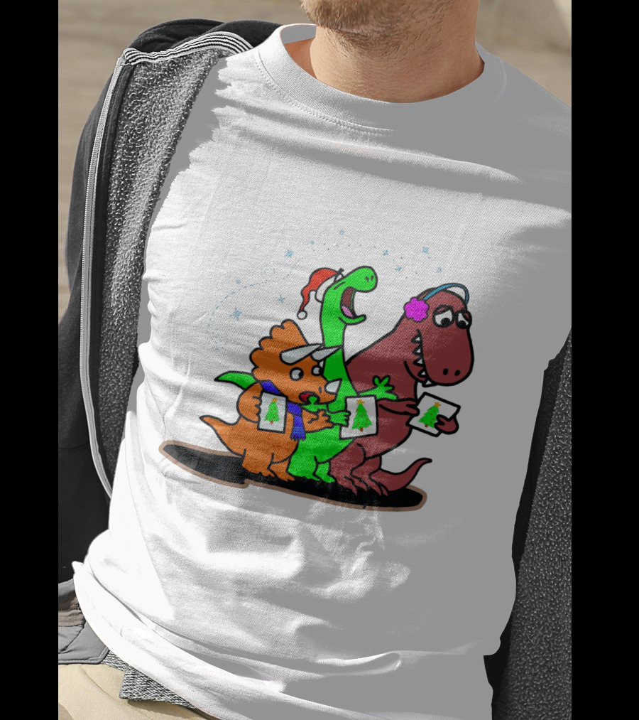 Dinosaur Trio Singing Christmas Carols With Festive Hats And Tree Cards T-Shirt