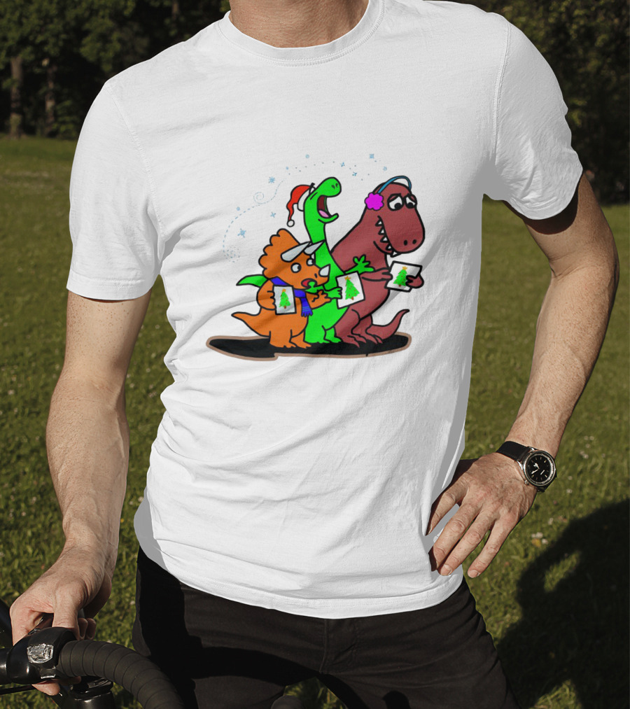 Dinosaur Trio Singing Christmas Carols With Festive Hats And Tree Cards T-Shirt