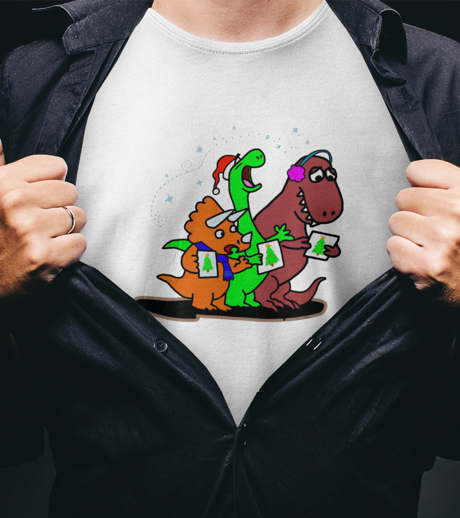 Dinosaur Trio Singing Christmas Carols With Festive Hats And Tree Cards T-Shirt