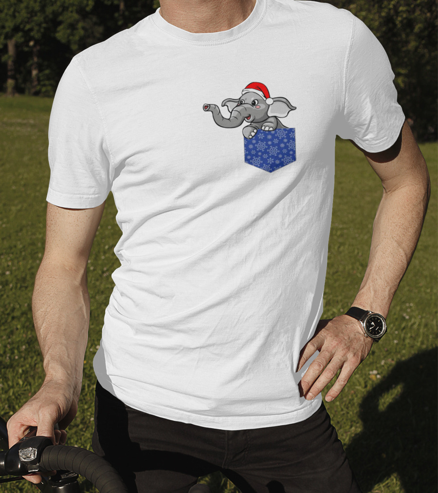 Christmas Holiday Pocket Elephant With Santa Hat And Blue Snowflake Pattern Pocket T-Shirt