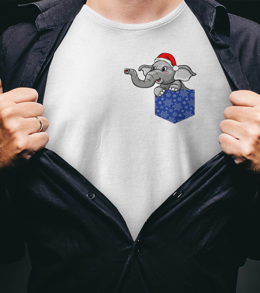 Christmas Holiday Pocket Elephant With Santa Hat And Blue Snowflake Pattern Pocket T-Shirt