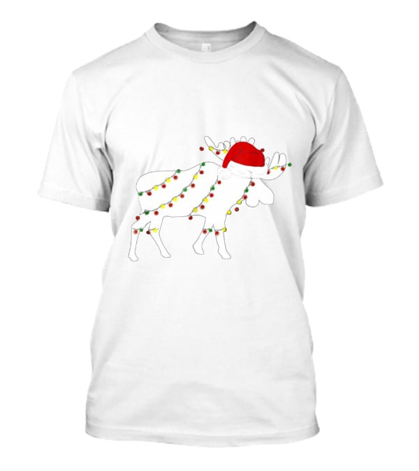 Christmas Moose Wrapped In Colorful Lights Santa Hat Family Matching Holiday T-Shirt