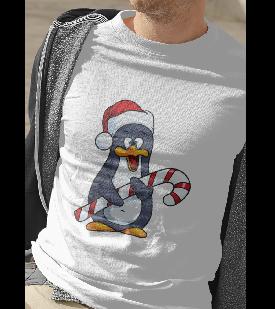 Jolly Christmas Penguin With Santa Hat And Candy Cane T-Shirt