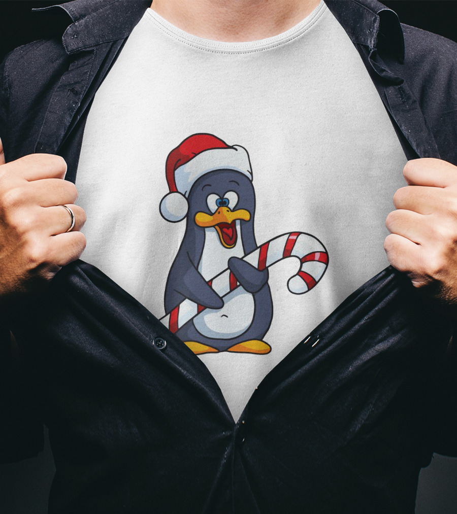 Jolly Christmas Penguin With Santa Hat And Candy Cane T-Shirt