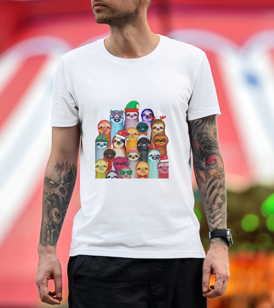 Christmas Sloths Wearing Festive Accessories and Colorful Hats T-Shirt