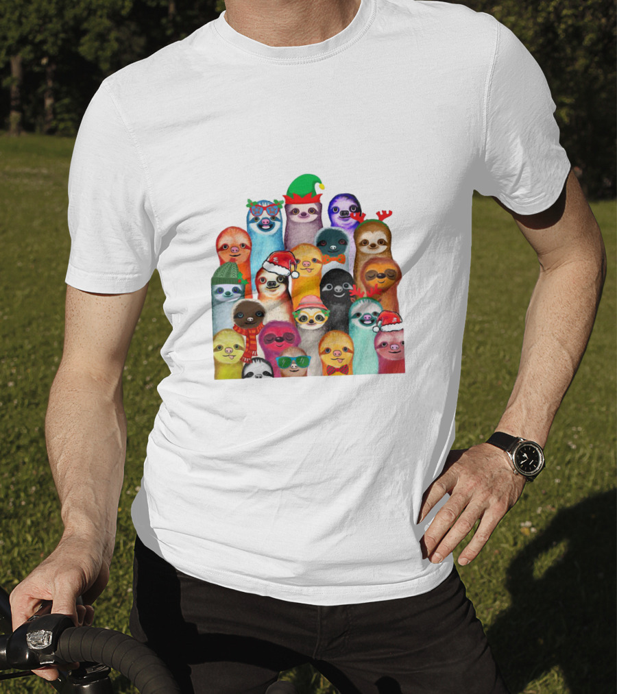 Christmas Sloths Wearing Festive Accessories And Colorful Hats T-Shirt