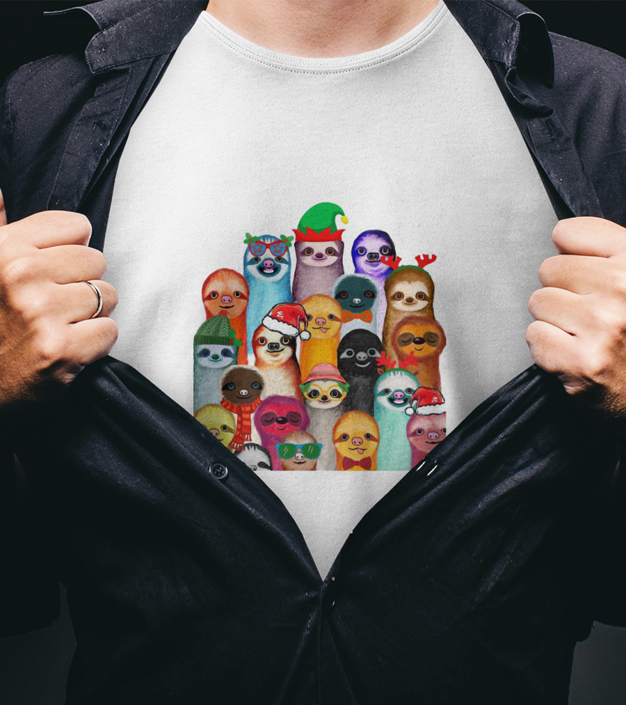 Christmas Sloths Wearing Festive Accessories And Colorful Hats T-Shirt