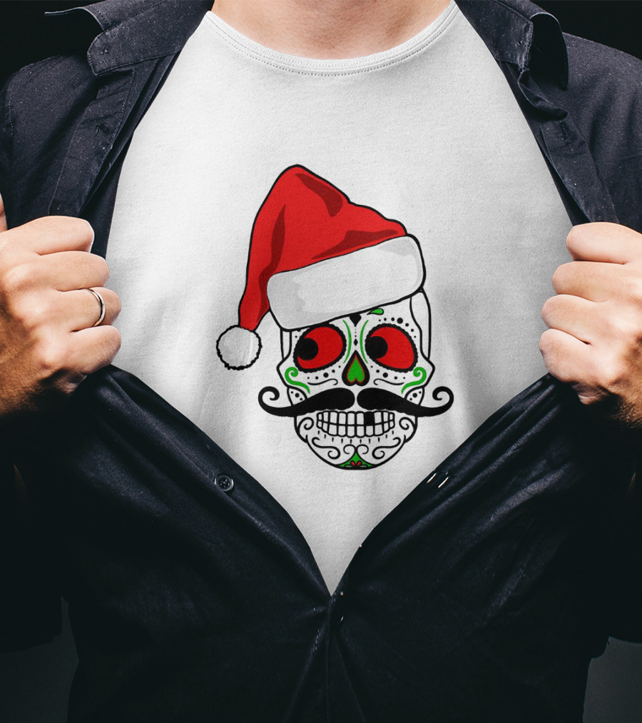 Santa Hat Festive Sugar Skull Christmas T-Shirt