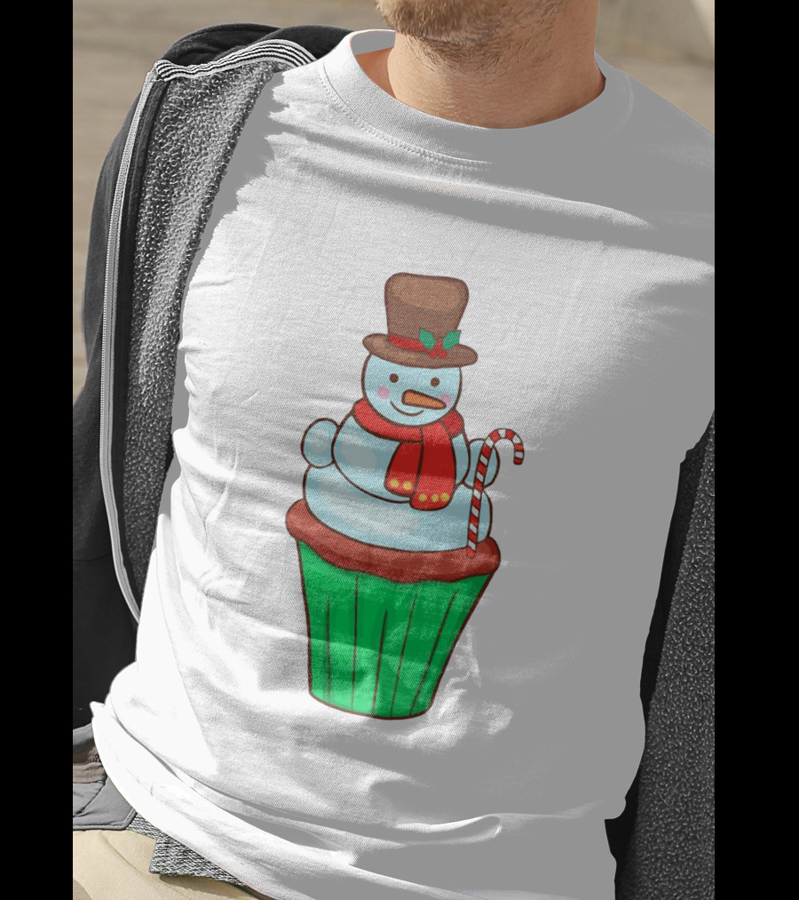 Xmas Cupcake Muffins With Snowman And Candy Cane Holiday T-Shirt