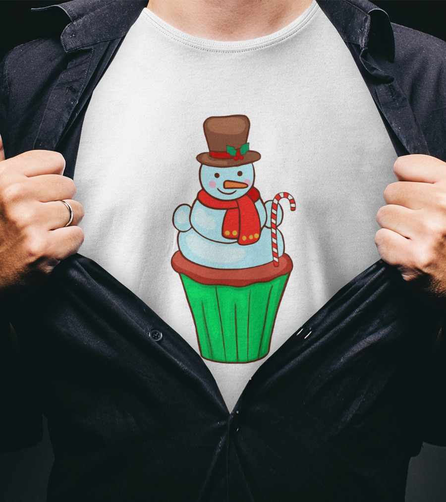 Xmas Cupcake Muffins With Snowman And Candy Cane Holiday T-Shirt