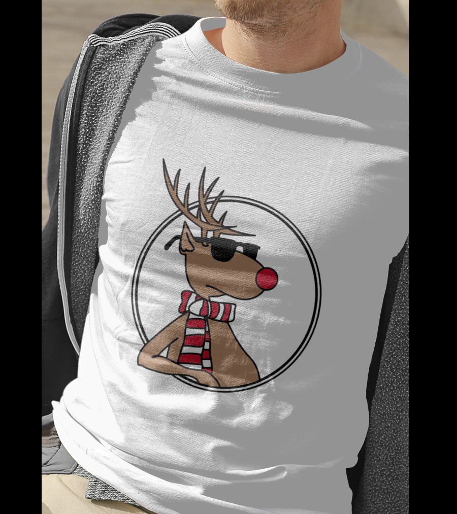 Deer Cool Reindeer In Sunglasses And Striped Scarf T-Shirt