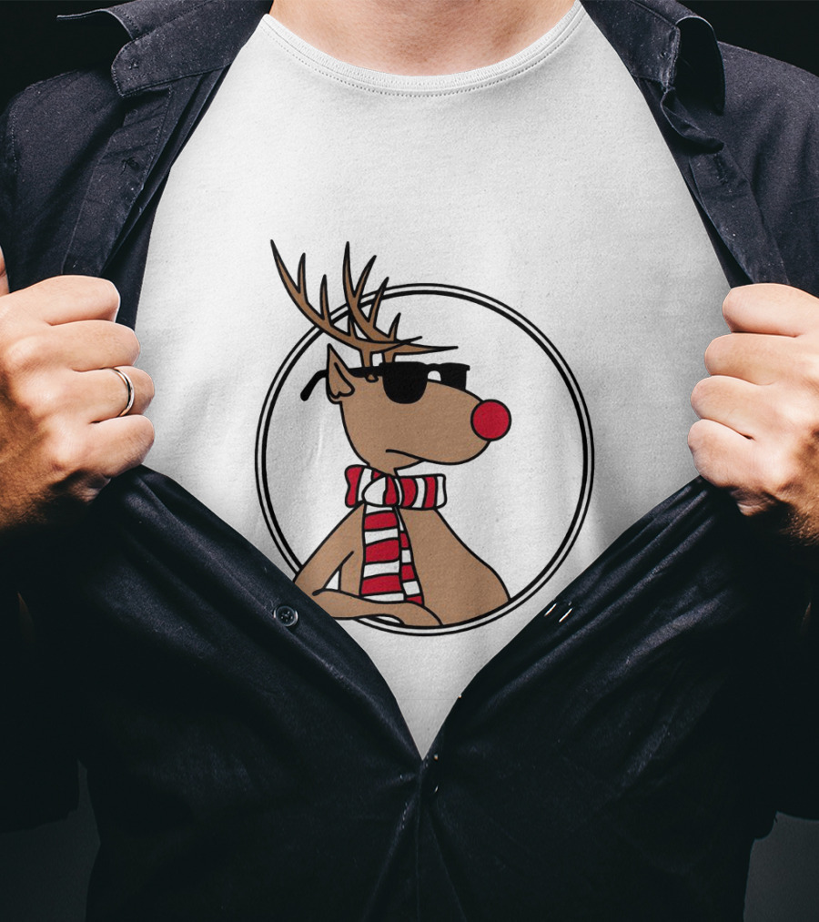 Deer Cool Reindeer In Sunglasses And Striped Scarf T-Shirt