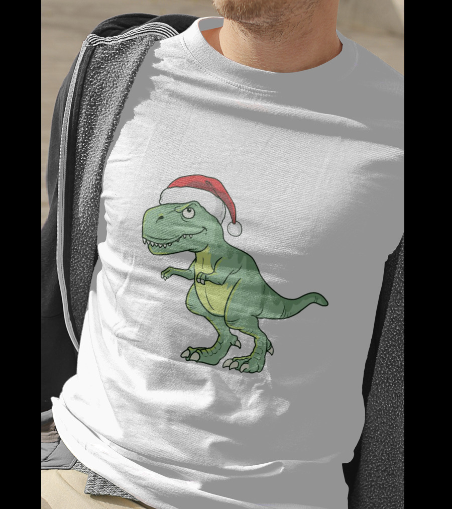 Christmas Dinosaur Wearing Santa Hat T-Shirt
