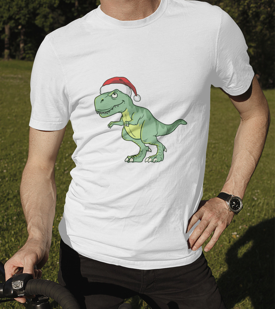 Christmas Dinosaur Wearing Santa Hat T-Shirt