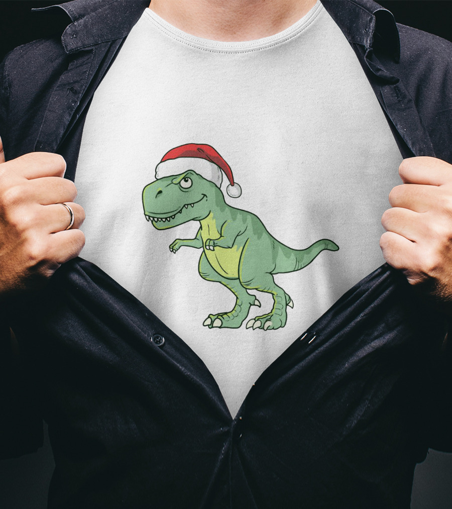 Christmas Dinosaur Wearing Santa Hat T-Shirt