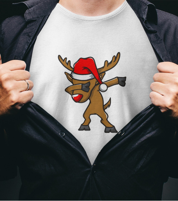 Funny Dabbing Reindeer With Santa Hat Christmas Costume T-Shirt